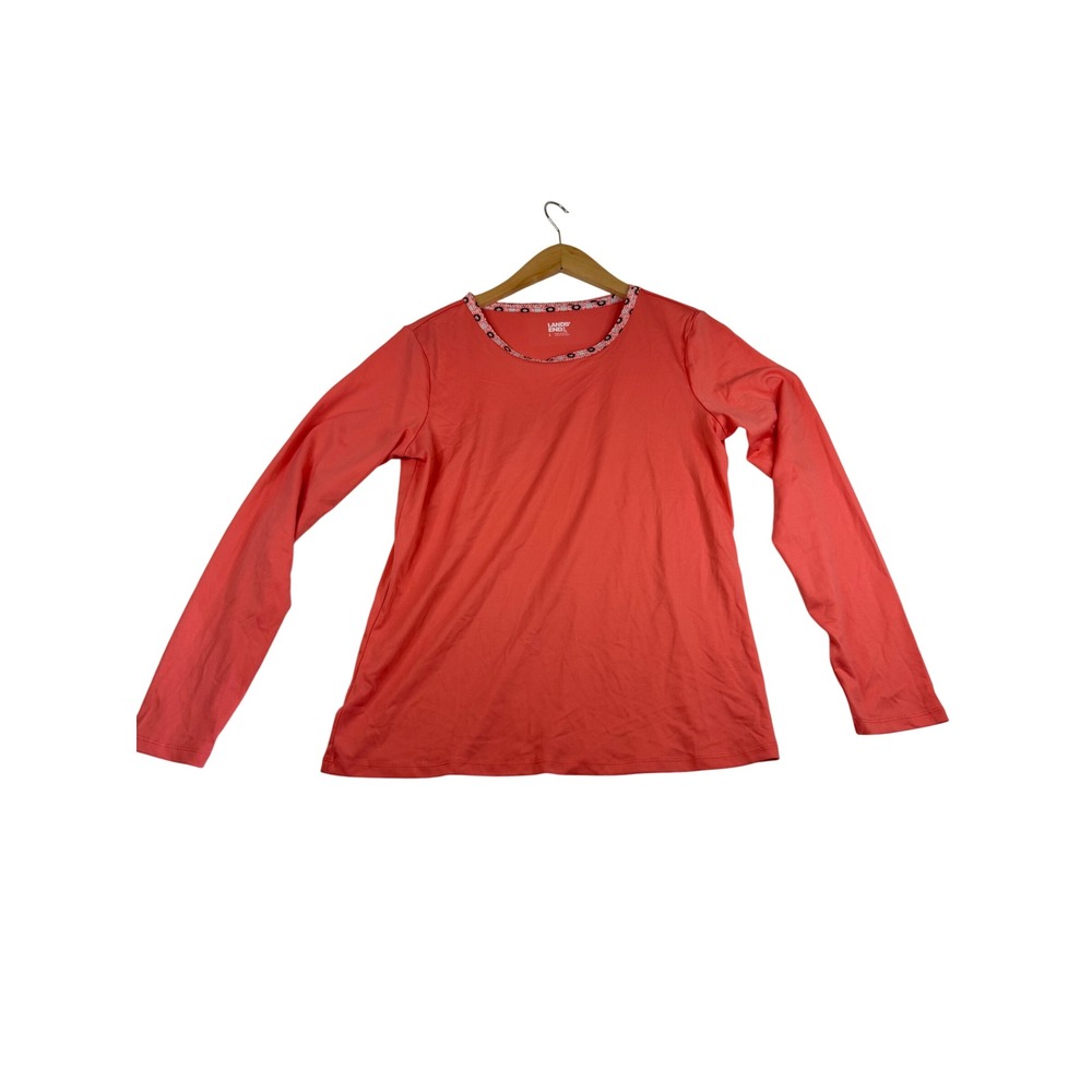 Lands End Womens Small Coral Pink Long Sleeve Crew Neck Top Patterned Trim 2375